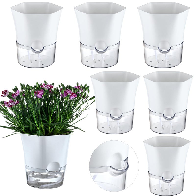 Planterhoma 6-Pack 7.8" Clear Self Watering Pots for Indoor Plants Large Hexagon Self-Watering Planters Orchid Pots Plastic Wick Flower Plant Pots for African Violet, Spider, Herbs, Home Decor, White and Clear - Image 1