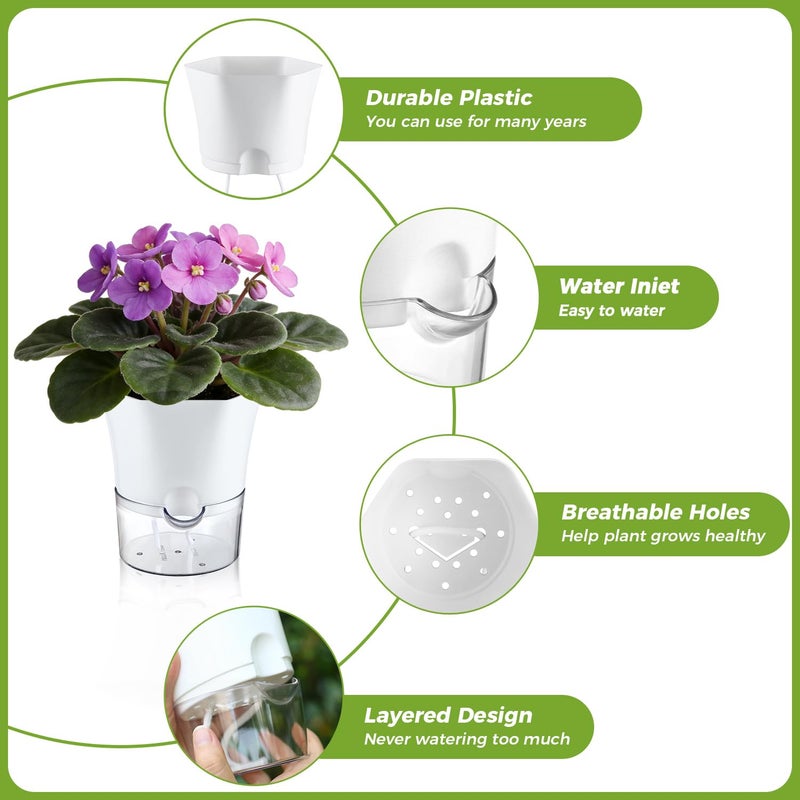 Planterhoma 6-Pack 7.8" Clear Self Watering Pots for Indoor Plants Large Hexagon Self-Watering Planters Orchid Pots Plastic Wick Flower Plant Pots for African Violet, Spider, Herbs, Home Decor, White and Clear - Image 2