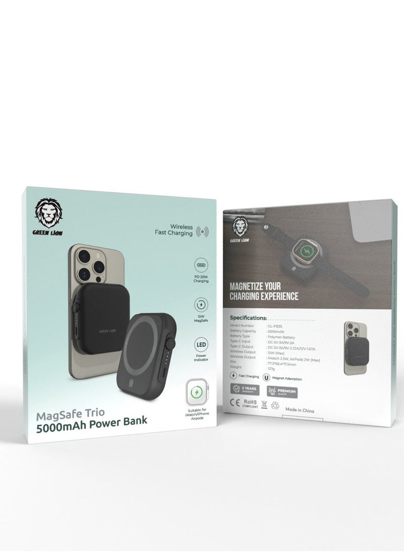 GREEN LION 5000mAh Power Bank 5000 mAh MagSafe Trio PD 20W for iWatch / iPhone / Airpods / 15W Magnetic Wireless Fast Charging/ LED Power Indicator / Polymer Battery - Black  - Image 5