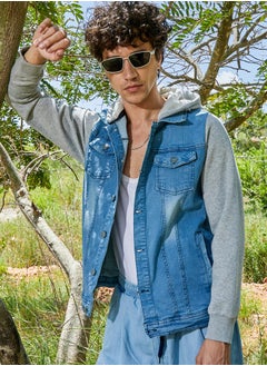 Campus Sutra Men's Blue & Grey Light-Wash Denim Jacket With Sweatshirt Sleeve  - Image 1