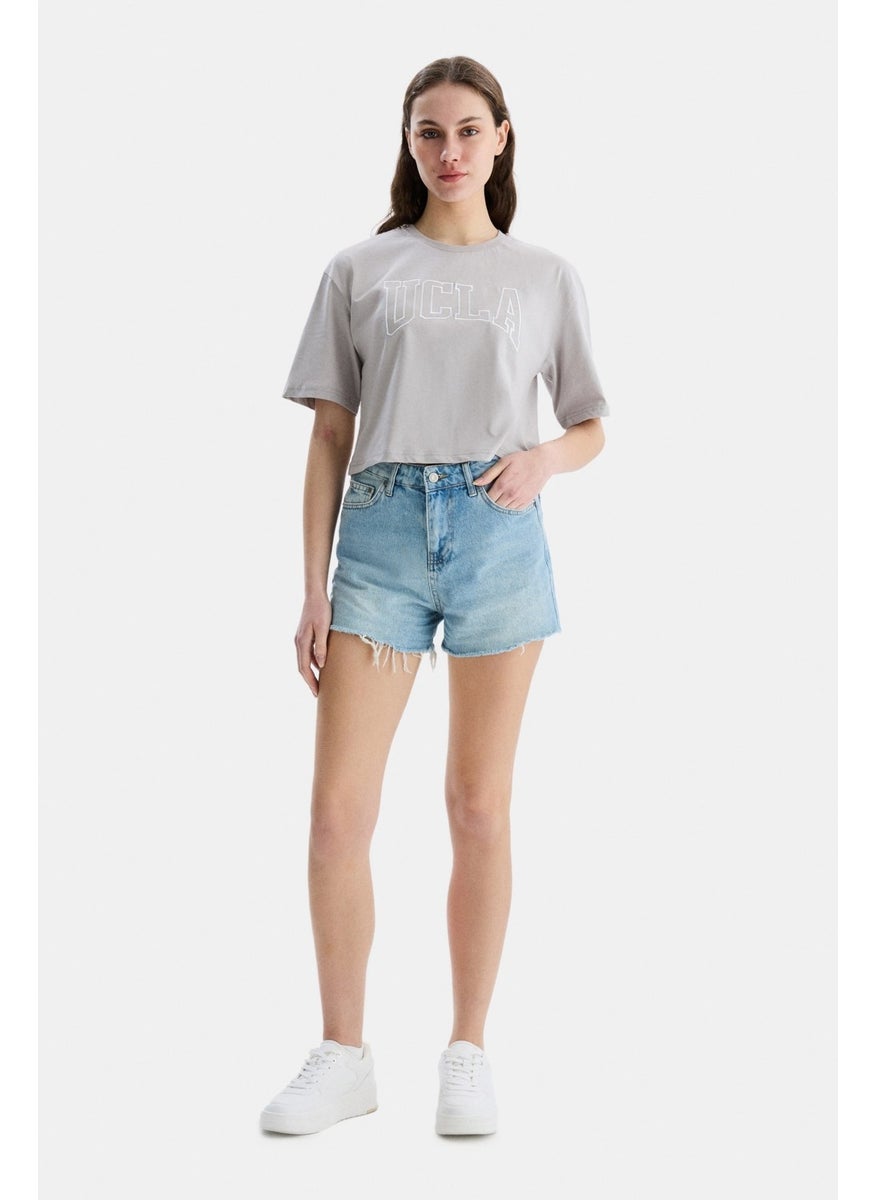 UCLA Helena Gray Crew Neck Oversize Crop Embroidered Oversize Women's Tshirt  - Image 4