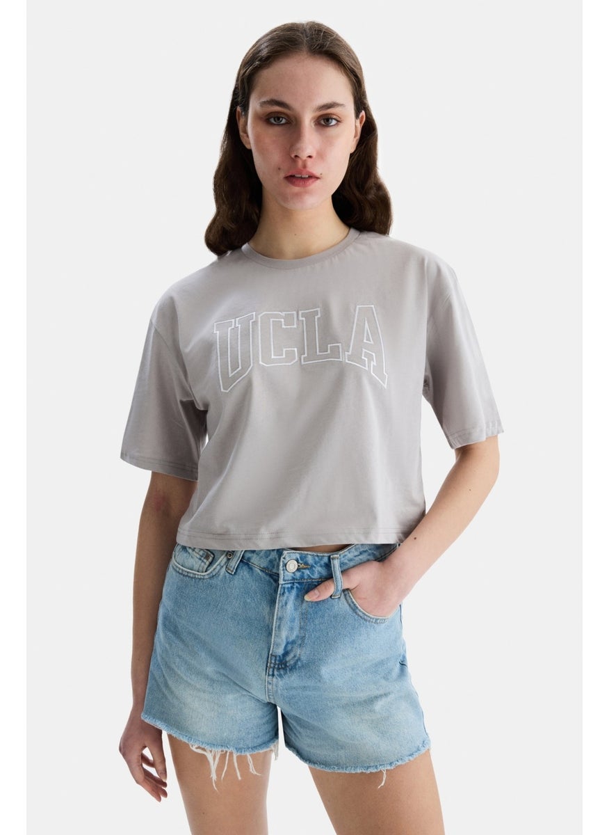 UCLA Helena Gray Crew Neck Oversize Crop Embroidered Oversize Women's Tshirt  - Image 1