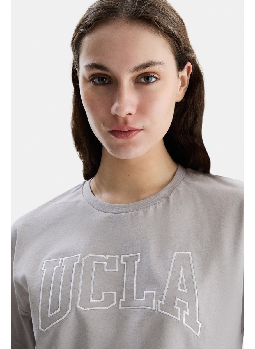 UCLA Helena Gray Crew Neck Oversize Crop Embroidered Oversize Women's Tshirt  - Image 2