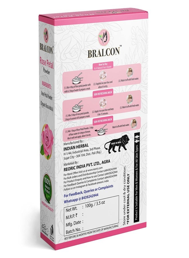 BRALCON Organic Rose Petal Powder - 100g | Rosa indica for Facial & Skin Care| 100% Pure & Natural Rose Powder for Tanning & Glowing Skin| Skin Whitening Face Pack | Face Mask - Image 2