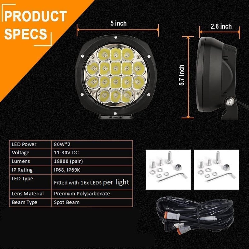 BIGLION.X 5Inch 160W Round LED Driving Lights Off Road Spot Lights 18800LM with Wiring Harness Waterproof IP69K - Image 5