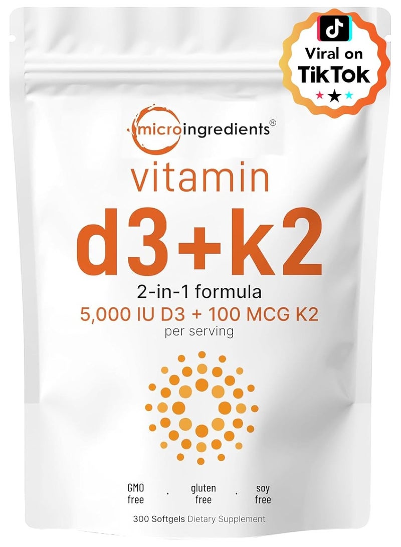 Micro Ingredients Vitamin D3 + K2 5000IU made with coconut oil 300 softgels - Image 1