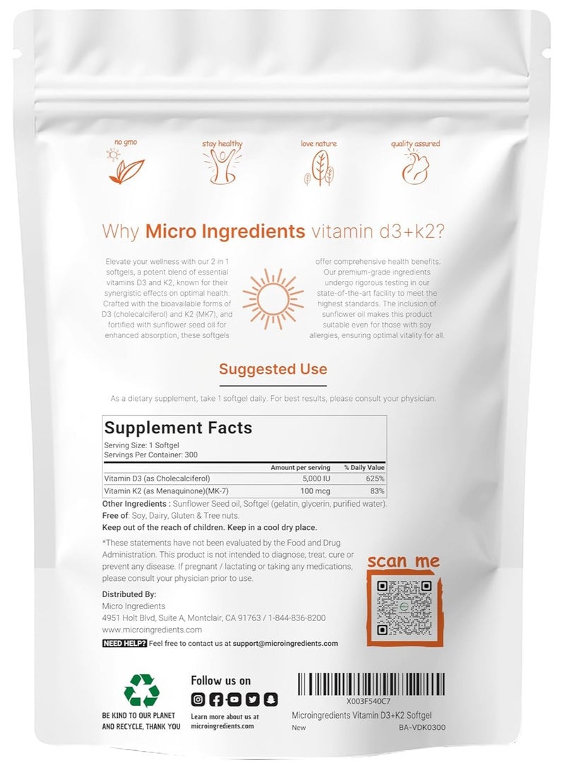 Micro Ingredients Vitamin D3 + K2 5000IU made with coconut oil 300 softgels - Image 2