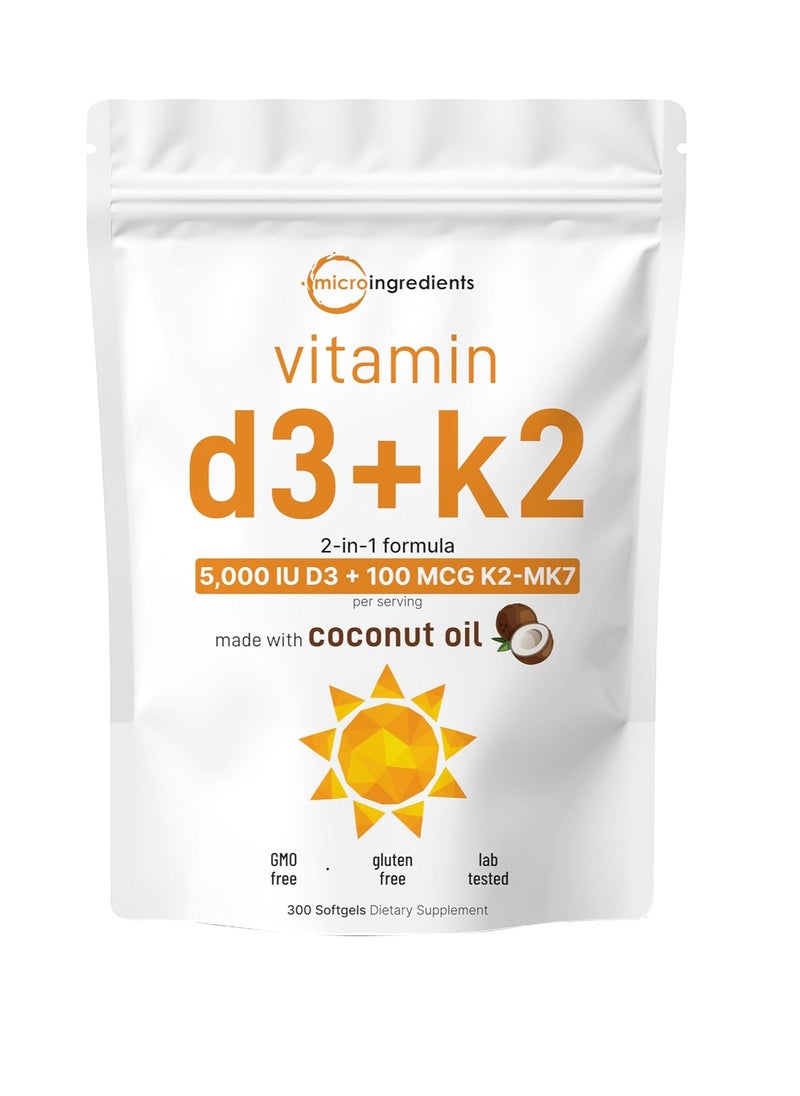 Micro Ingredients - Vitamin D3 + K2 5000IU made with coconut oil 300 softgels - Image 1