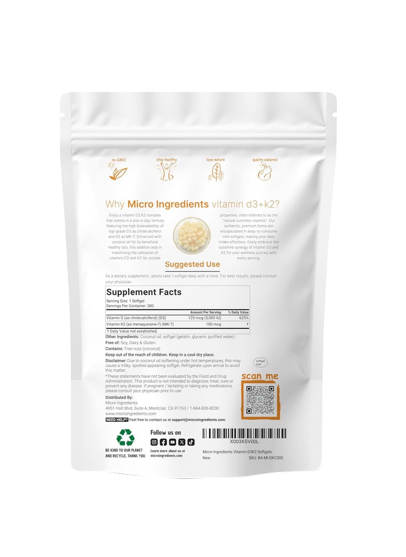 Micro Ingredients - Vitamin D3 + K2 5000IU made with coconut oil 300 softgels - Image 1