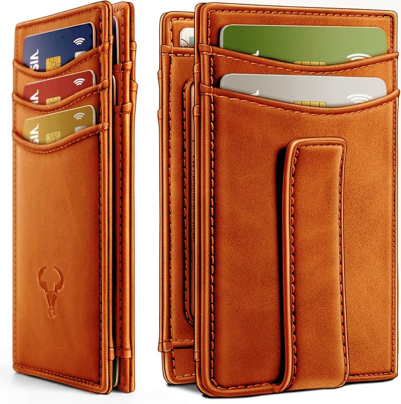 Contacts RFID Blocking Magnetic Closure Slim Genuine Leather Front Pocket Wallet for Men Holds up to 12 Cards Including 1 ID Window Along with Money Clip (Tan) - Image 1