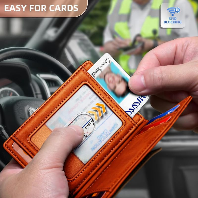 Contacts RFID Blocking Magnetic Closure Slim Genuine Leather Front Pocket Wallet for Men Holds up to 12 Cards Including 1 ID Window Along with Money Clip (Tan) - Image 4