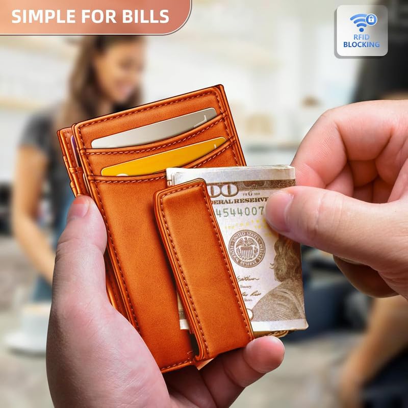 Contacts RFID Blocking Magnetic Closure Slim Genuine Leather Front Pocket Wallet for Men Holds up to 12 Cards Including 1 ID Window Along with Money Clip (Tan) - Image 5