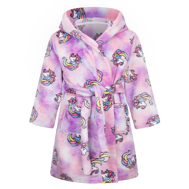 Kids Flame Retardant Bathrobe Hooded Flannel Cartoon Print Sleepwear Robe for Boys Girls Ages 3-8 - Image 1
