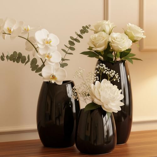 hjn Ceramic Vase Set of 3 Black Flower Vase for Home Decor, Modern Decorative Vase for Flowers/Ideal Shelf Decor/Table/Living Room/Kitchen/Office-Black - Image 1