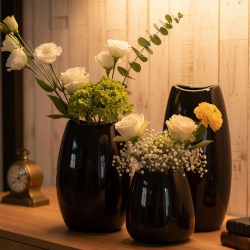 hjn Ceramic Vase Set of 3 Black Flower Vase for Home Decor, Modern Decorative Vase for Flowers/Ideal Shelf Decor/Table/Living Room/Kitchen/Office-Black - Image 2
