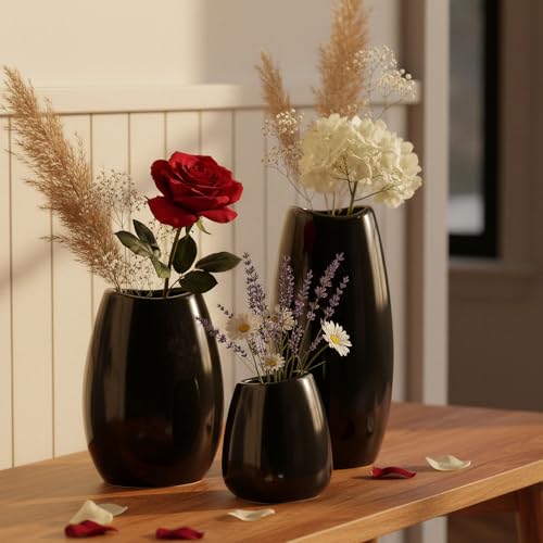 hjn Ceramic Vase Set of 3 Black Flower Vase for Home Decor, Modern Decorative Vase for Flowers/Ideal Shelf Decor/Table/Living Room/Kitchen/Office-Black - Image 5