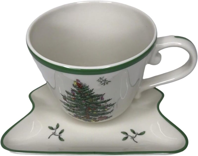 Spode Christmas Tree Jumbo Cup with TreeShaped Saucer  18 Ounce Earthenware Mug for Coffee Tea Hot Chocolate Festive Drinks  Charming Holiday Dcor  Festive Christmas Design - Image 3