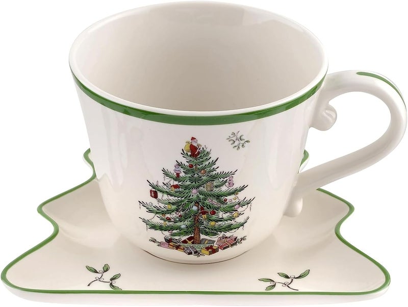 Spode Christmas Tree Jumbo Cup with TreeShaped Saucer  18 Ounce Earthenware Mug for Coffee Tea Hot Chocolate Festive Drinks  Charming Holiday Dcor  Festive Christmas Design - Image 1