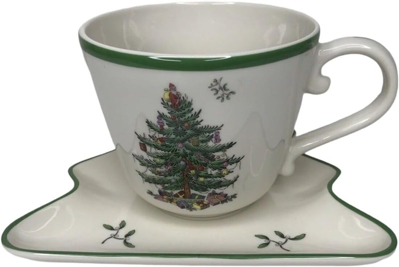 Spode Christmas Tree Jumbo Cup with TreeShaped Saucer  18 Ounce Earthenware Mug for Coffee Tea Hot Chocolate Festive Drinks  Charming Holiday Dcor  Festive Christmas Design - Image 2