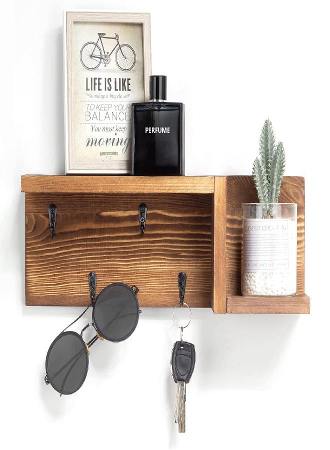 AKKO Wooden Key Holder for Wall Decorative Mail and Key Holder Organizer with 4 Key Hooks and “Z” Shape Wall Mount Floating Shelf,Rustic Home Decor for Wall, Entryway, Mudroom, Bathroom - Image 2