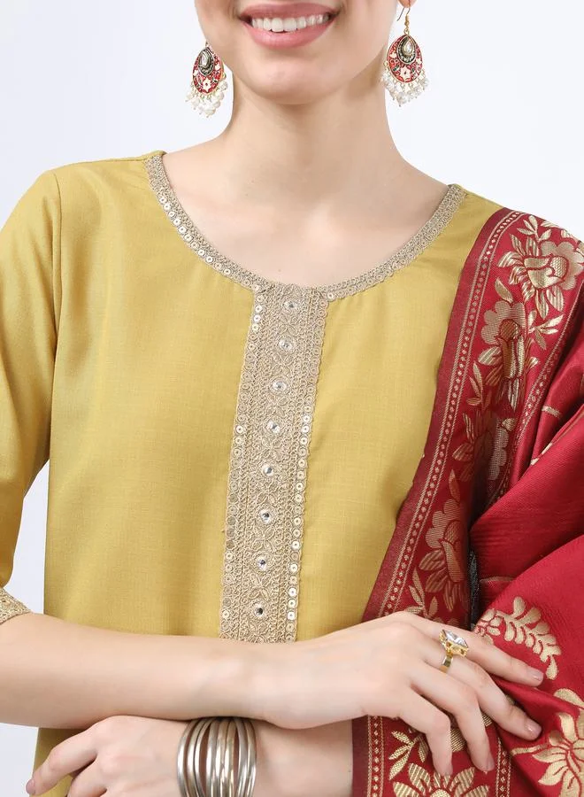Ketch Embroidered Lace Detail Kurta and Palazzo with Floral Texture Dupatta Set by Styli