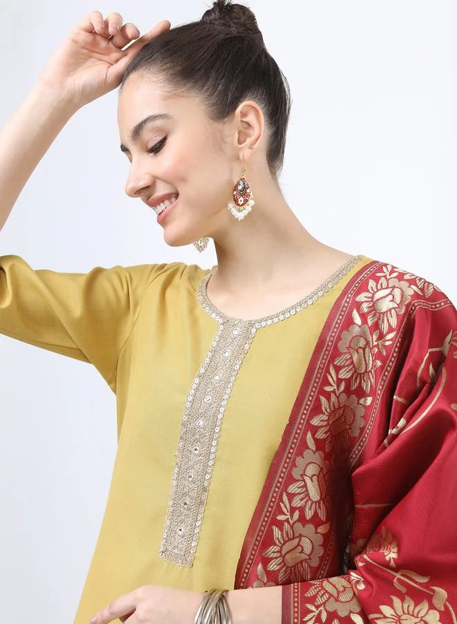 Ketch Embroidered Lace Detail Kurta and Palazzo with Floral Texture Dupatta Set by Styli