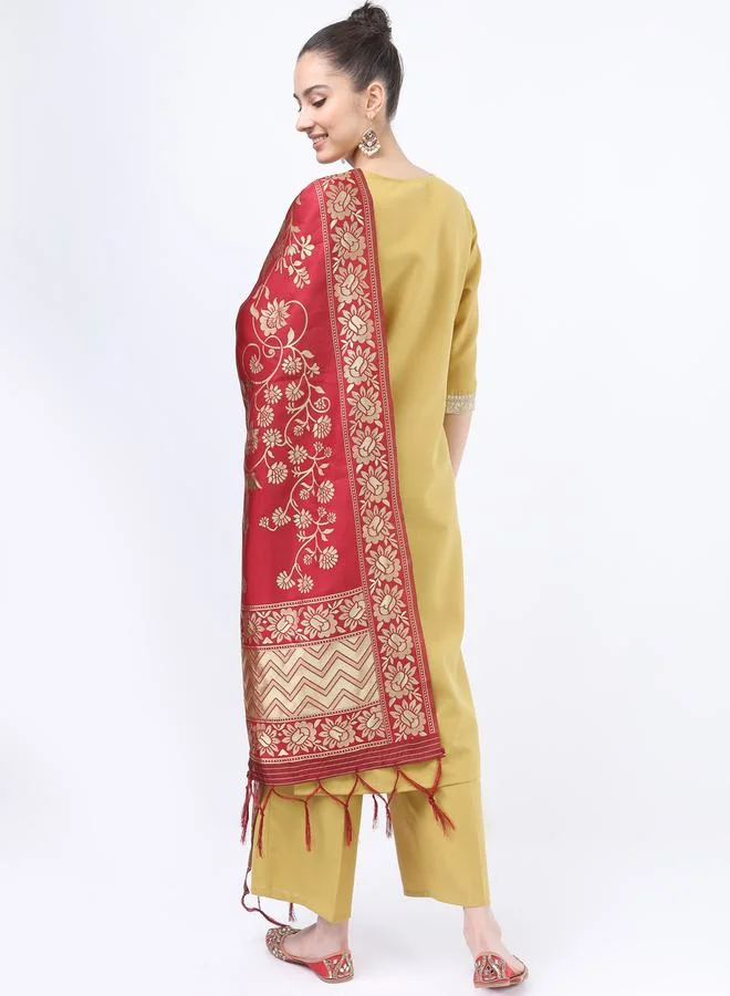Ketch Embroidered Lace Detail Kurta and Palazzo with Floral Texture Dupatta Set by Styli