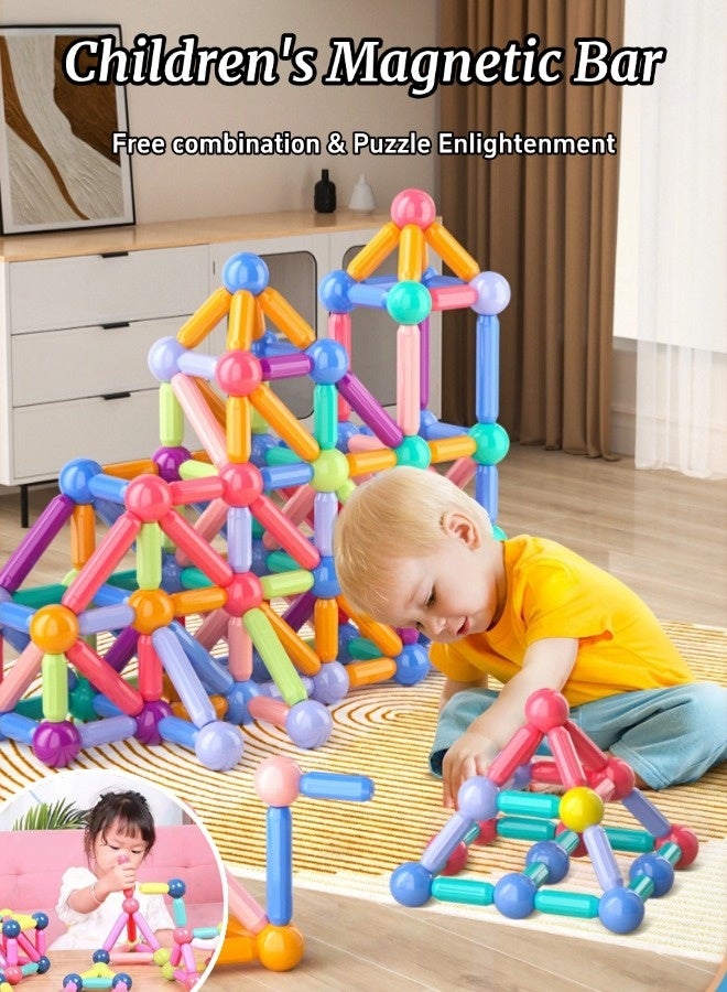 Children's Magnetic Bar, Creative Large Particle Magnetic Blocks Toy, Manual Assembly & Durable Sturdy, Early Education Puzzle Toys With Varying Shapes Assembled, Included Instruction Booklet and Toy Set Storage Box (64Pcs, Multicolor)  - Image 1