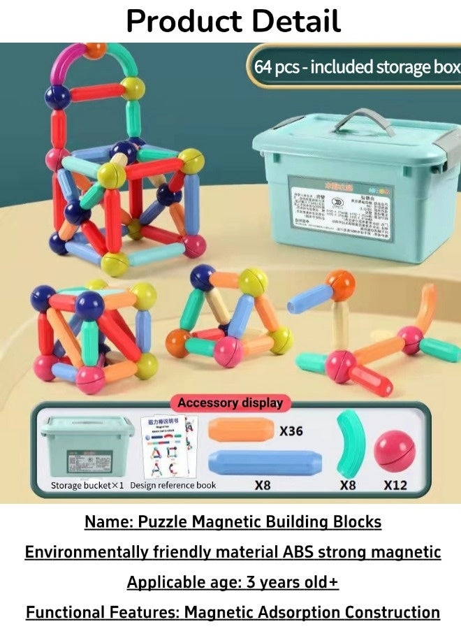 Children's Magnetic Bar, Creative Large Particle Magnetic Blocks Toy, Manual Assembly & Durable Sturdy, Early Education Puzzle Toys With Varying Shapes Assembled, Included Instruction Booklet and Toy Set Storage Box (64Pcs, Multicolor)  - Image 2