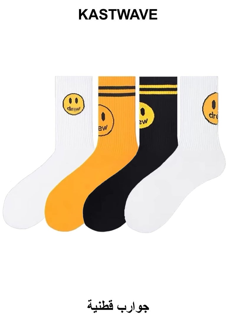 KASTWAVE Unisex Cotton Socks, Cotton Work Casual Crew Socks for Men and Women, Fashion Funny House Socks, Assorted Mid-calf Comfort Crew Socks (Smiling Face, 4 Pair) - Image 1