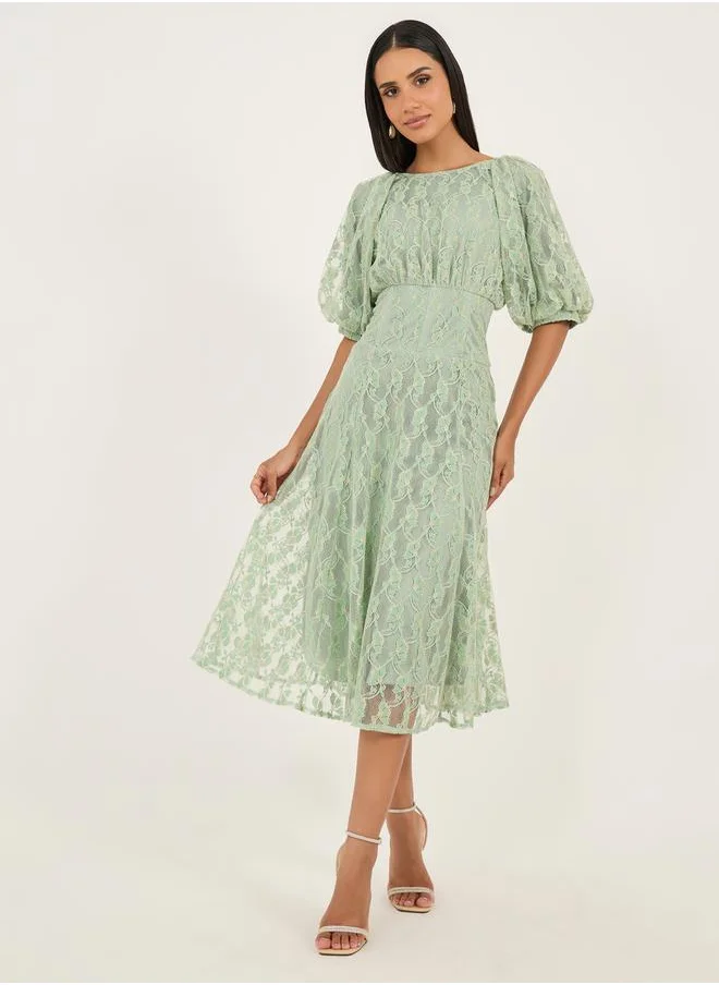 Styli Lace Balloon Sleeves A-Line Midi Dress