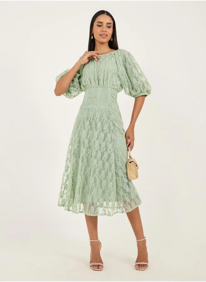 Styli Lace Balloon Sleeves A-Line Midi Dress