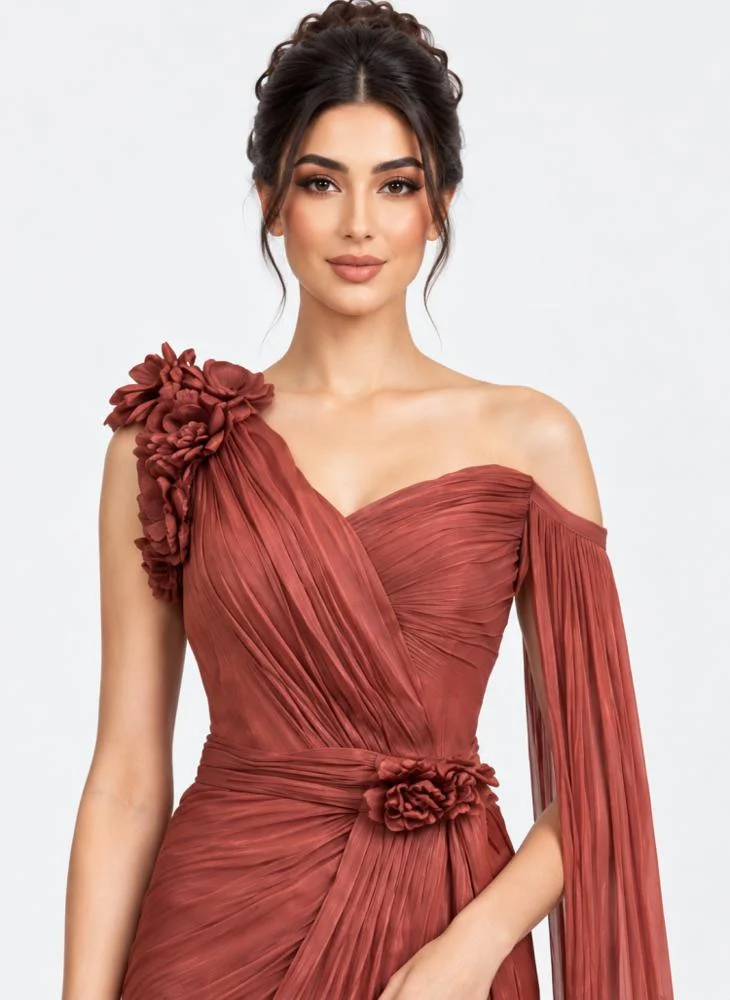Opera Fashion Orange Organza One-Shoulder Evening Dress with 3D Flowers