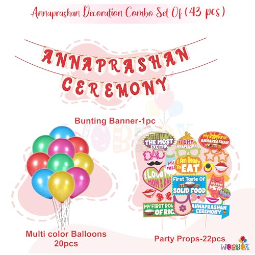 WOBBOX Annaprashan Party Props with Red & Light Pink Color Bunting Banner & Balloon, Annaprashan Decoration Item (43 Pcs Combo) - Image 2