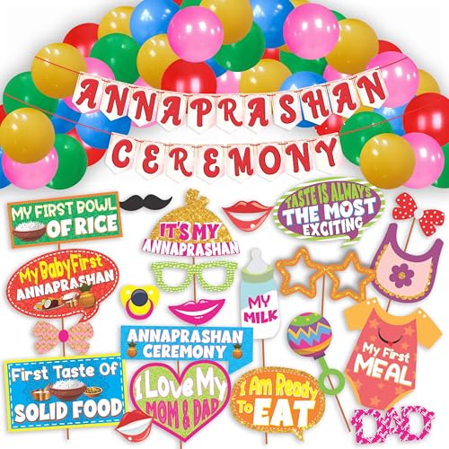 WOBBOX Annaprashan Party Props with Red & Light Pink Color Bunting Banner & Balloon, Annaprashan Decoration Item (43 Pcs Combo) - Image 1