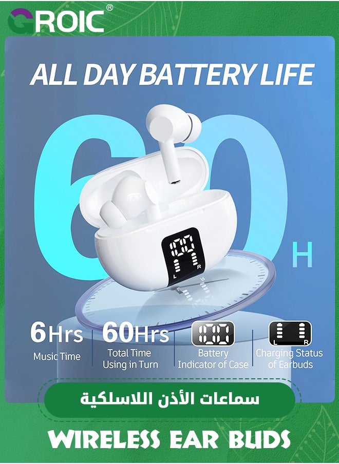 Wireless Ear Buds Bluetooth Earbuds, 60H Playtime LED Power Display, Bluetooth 5.3 Headphone with Mic, Noise Cancellation Stereo Sound, IPX5 Earphone for iPhone/Samsung/Android/iOS