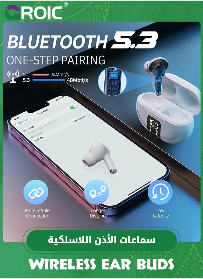 Wireless Ear Buds Bluetooth Earbuds, 60H Playtime LED Power Display, Bluetooth 5.3 Headphone with Mic, Noise Cancellation Stereo Sound, IPX5 Earphone for iPhone/Samsung/Android/iOS