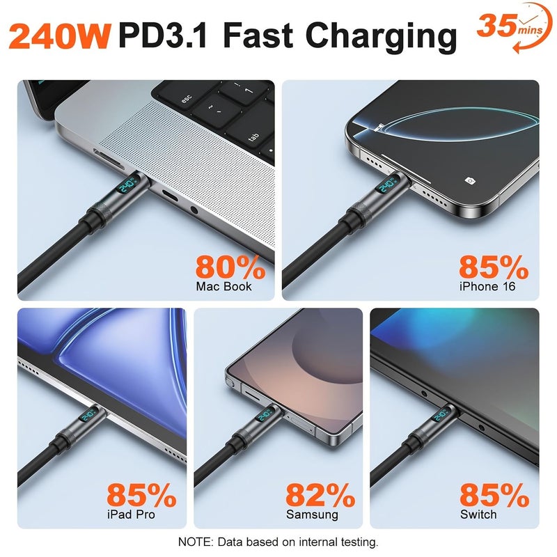 كابل شحن سريع 240 واط USB-C إلى USB-C بطول 2 متر مع شاشة رقمية، يدعم معيار PD3.1، مزامنة البيانات، ومُصنوع من السيليكون المطفي. - Image 3