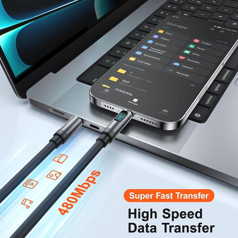 كابل شحن سريع 240 واط USB-C إلى USB-C بطول 2 متر مع شاشة رقمية، يدعم معيار PD3.1، مزامنة البيانات، ومُصنوع من السيليكون المطفي. - Image 5