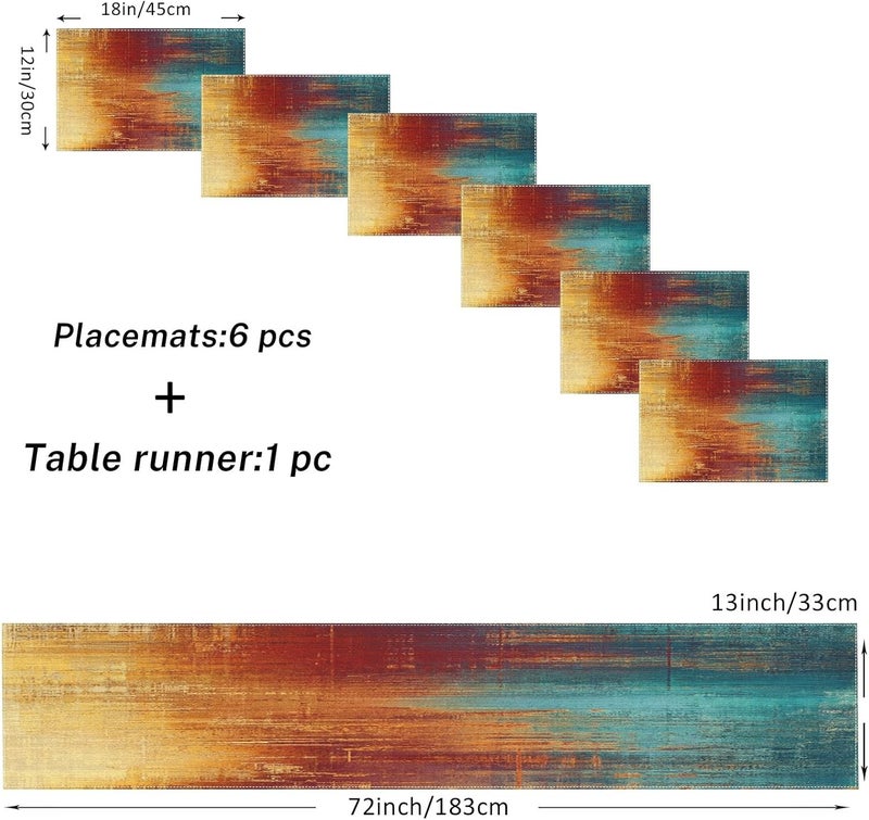 Emvency Blue and Orange Table Runner and Placemats Set of 6, Vintage Abstract Messy Rust Painting Art Dining Table Decor for Daily Use(1 Table Runner 72 inches Long and 6 Placemats) - Image 2