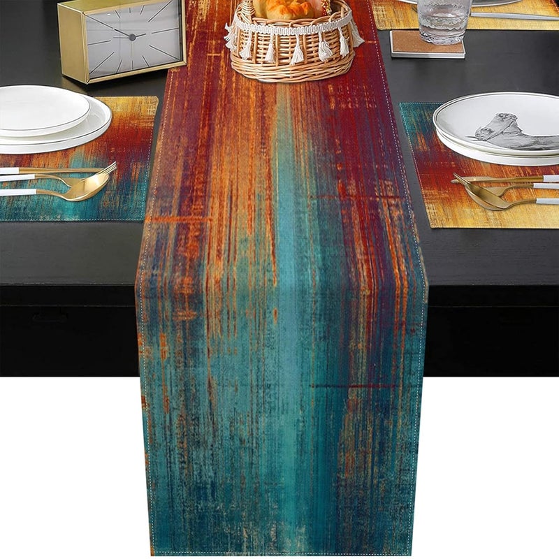 Emvency Blue and Orange Table Runner and Placemats Set of 6, Vintage Abstract Messy Rust Painting Art Dining Table Decor for Daily Use(1 Table Runner 72 inches Long and 6 Placemats) - Image 5