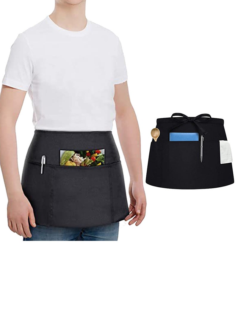 Half Short Server Waitress Waist Apron with 3 Pockets for Chef Bartender Baker Craftsmen(60X30CM)  - Image 1