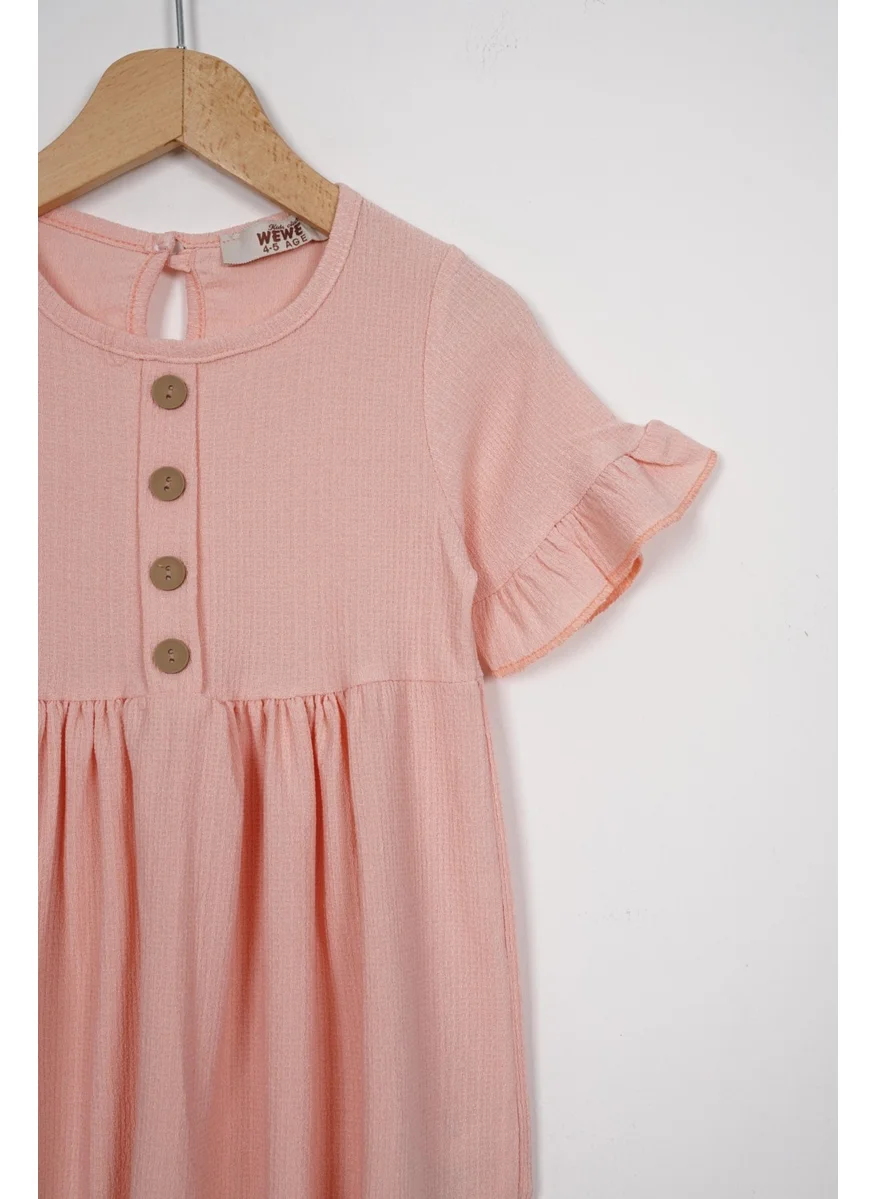Zepkids Crew Neck Short Sleeve Ruffle Buttoned Powder Color Girl's Dress