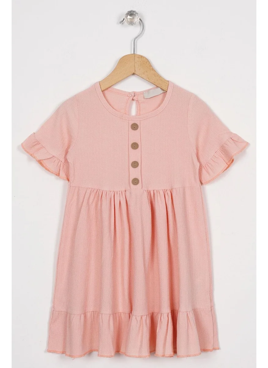 Zepkids Crew Neck Short Sleeve Ruffle Buttoned Powder Color Girl's Dress