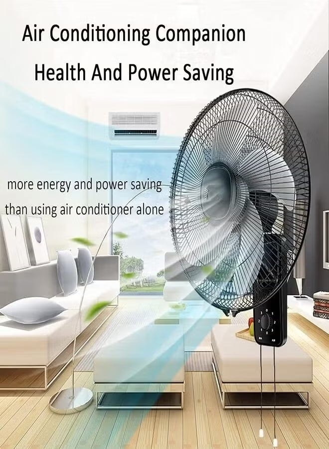 Denx 16 Inch Wall Mounted Fan High Performance Cooling with 3 Speed Control, 5 Leaf Blades, Dual Pull Cord Operation, Adjustable Tilt Angle, Energy Efficient Air Circulation Fan - Image 4