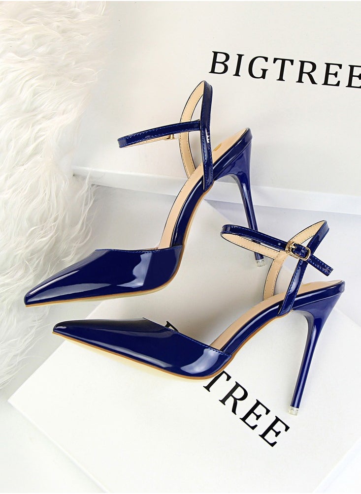 BIGTREE 10.5cm Thin Heels Ultra High Heels Shallow Mouth Sharp Toe Lacquer Leather Slim Slim One Line Women's High Heels Blue  - Image 2