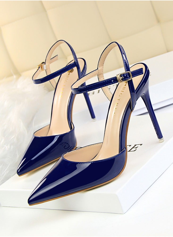 BIGTREE 10.5cm Thin Heels Ultra High Heels Shallow Mouth Sharp Toe Lacquer Leather Slim Slim One Line Women's High Heels Blue  - Image 1