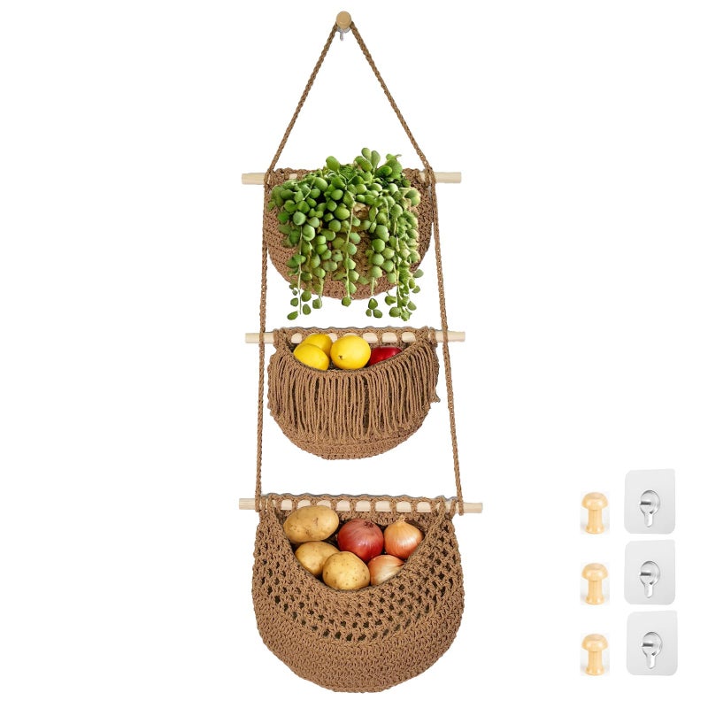 Halidali 3 Tier Hanging Fruit Baskets for Kitchen, Boho Cotton Rope Handwoven Vegetable Hammock Produce Storage Wall Mounted Large Organizing Basket for Farmhouse Decor, Over The Door, Onion, Potato (Caramel) - Image 1