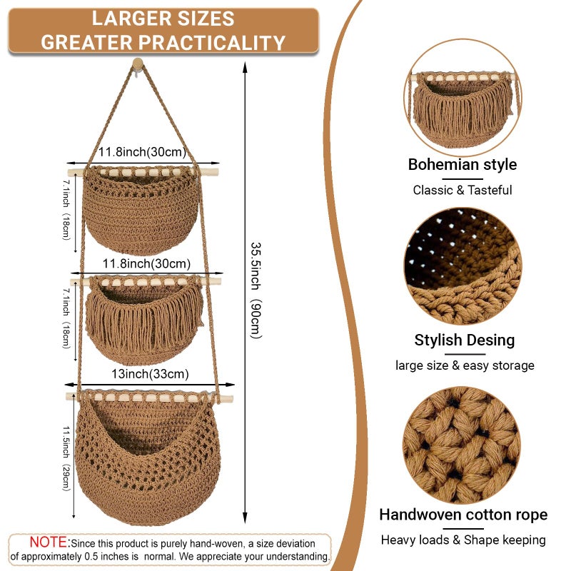 Halidali 3 Tier Hanging Fruit Baskets for Kitchen, Boho Cotton Rope Handwoven Vegetable Hammock Produce Storage Wall Mounted Large Organizing Basket for Farmhouse Decor, Over The Door, Onion, Potato (Caramel) - Image 2
