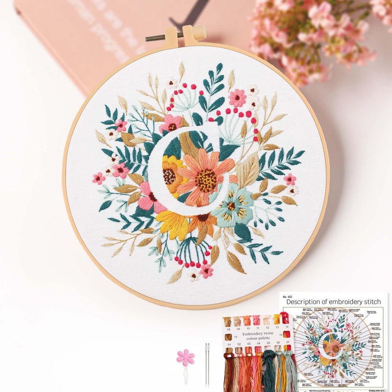 REEWISLY Embroidery Kit for Letter C,Embroidery Starter Kit with Pattern and Instructions,1 Plastic Embroidery Hoops,Color Threads,Instructions and Needles,DIY Adults Embroidery, Video Teaching - Image 1